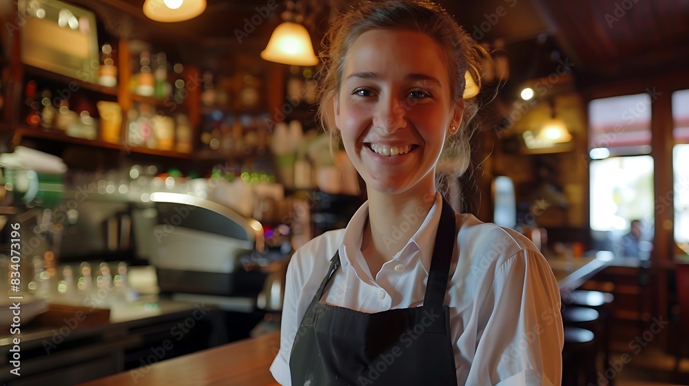 Waitress smiles and looks at the camera in the restaurant Waitress smiles and looks at the camera in the restaurant