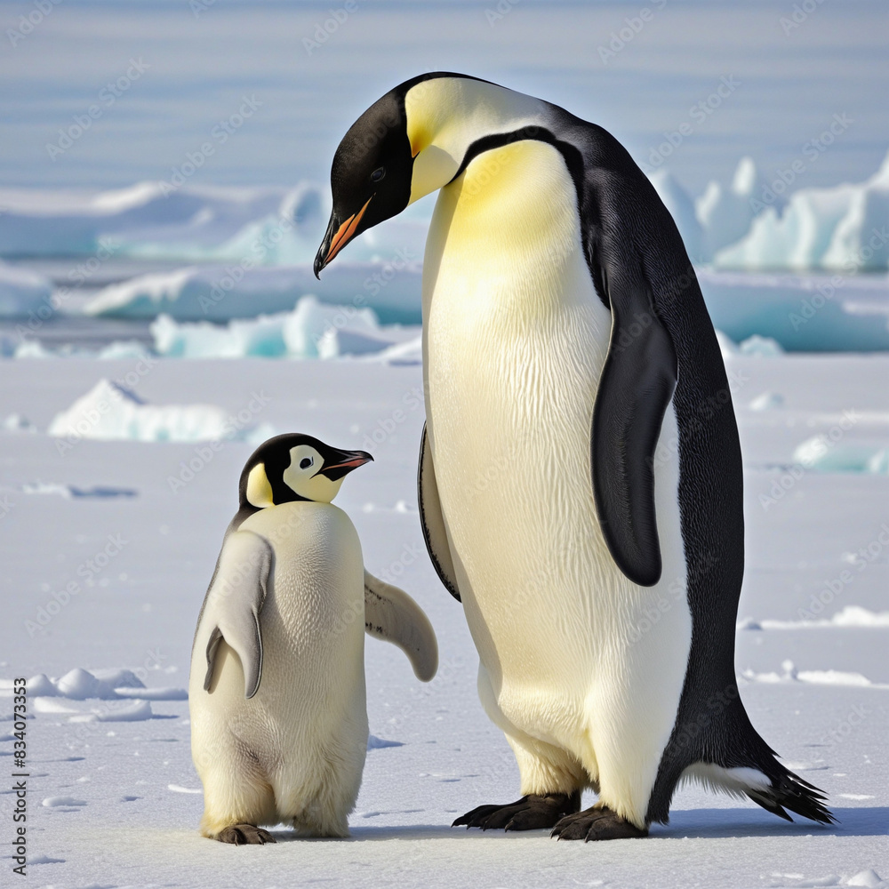 Fototapeta premium Emperor Penguin Father and Baby Penguin Greeting Card for Father's Day