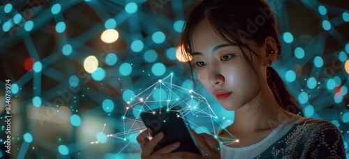 Woman Using Cell Phone in Front of Network of Dots