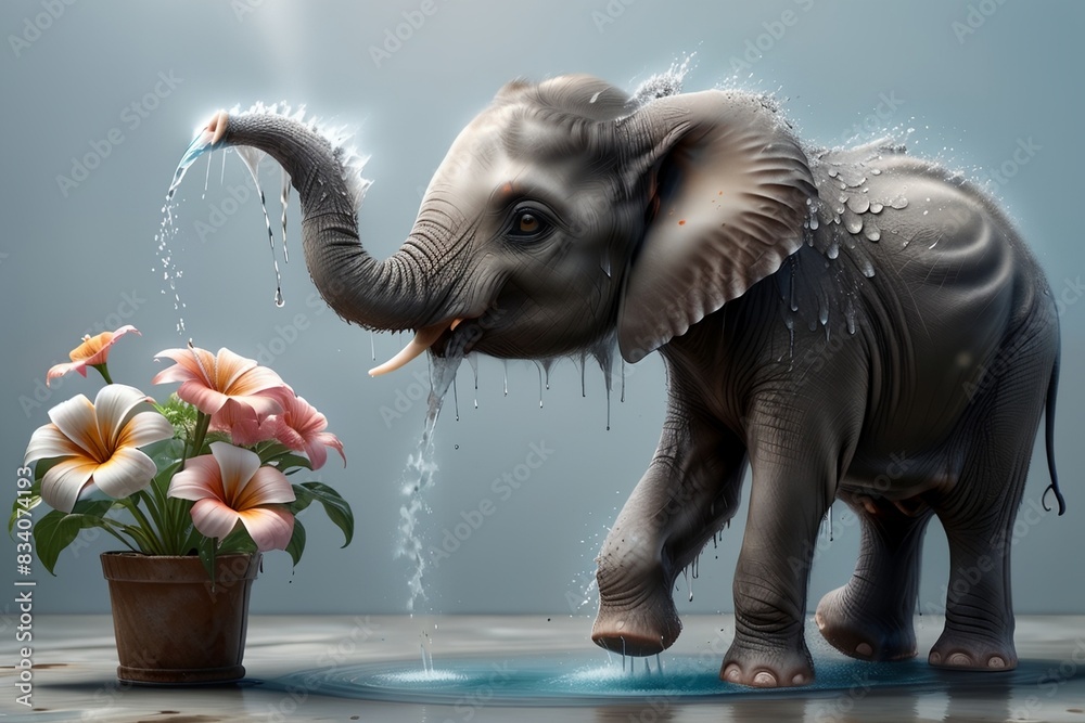 Obraz premium cute baby elephant watering a flower, isolated on a blue background