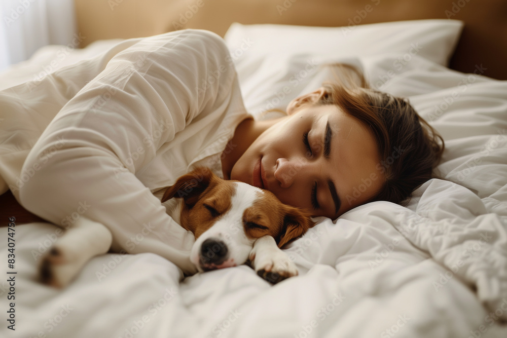 Young pretty woman is sleeping sweetly in her bed embracing her lovely dog with love and care Young pretty woman is sleeping sweetly in her bed embracing her lovely dog with love and care
