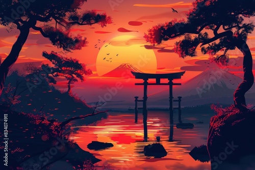 Artistic illustration of Japan at dusk