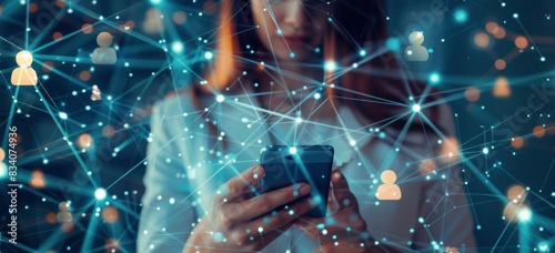Woman Using Cell Phone in Front of Network of Dots