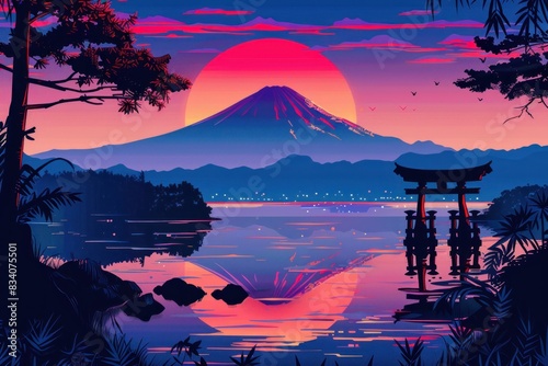 Vivid artistic illustration of Japan at sunset