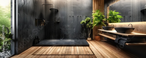 Luxuriously designed modern bathroom featuring a natural view through a large window and verdant indoor plants. © Alena