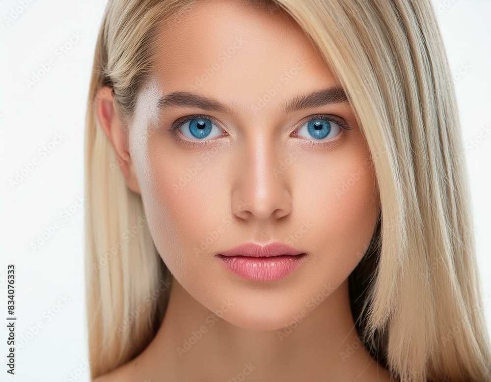 close-up face of blonde young woman with straight hair, light blue eyes, pale skin, high cheekbones and full lips model makeup facing forward isolated on white background close-up face of blonde young woman with straight hair, light blue eyes, pale skin, high cheekbones and full lips model makeup facing forward isolated on white background