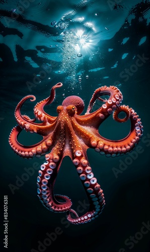 Red Octopus with Tentacles Spread Underwater in Sunlit Ocean