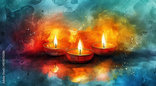 Happy Diwali greeting card, background with colorful oil Clay Diya lamps on table. Diwali Hindu festival of lights celebration. Colorful traditional Diwali web banner 