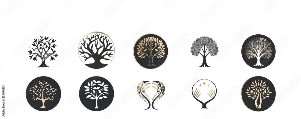 A series of round icons with various tree and plant designs, using a green and white color scheme on a pale backdrop. A series of round icons with various tree and plant designs, using a green and white color scheme on a pale backdrop.