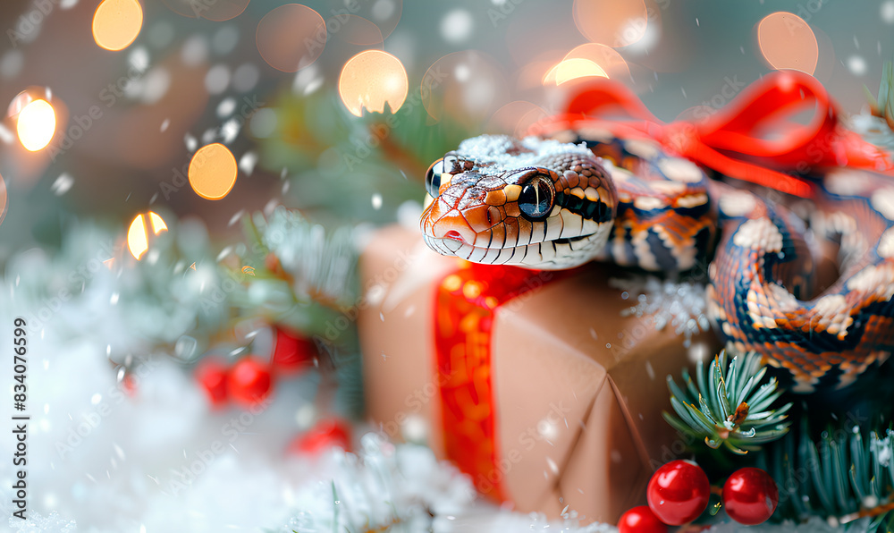 snake with giftbox as a symbol of 2025 on a Christmas background snake with giftbox as a symbol of 2025 on a Christmas background