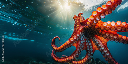 Red Octopus Floating in Sunlit Blue Ocean, Negative Space for Text