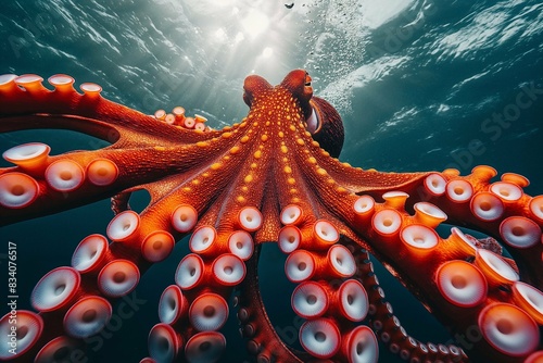 Red Octopus Tentacles Close-up in Bright Ocean Light