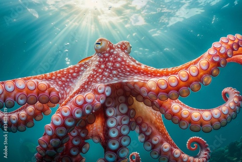 Red Octopus Tentacles Spread Underwater with Sun Beams