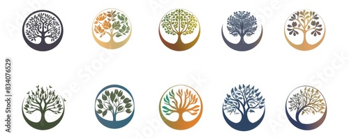 A series of round icons with various tree and plant designs, using a green and white color scheme on a pale backdrop.