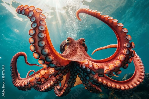 Red Octopus with Tentacles Curved in Sunlit Ocean