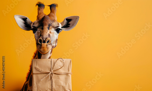 giraffe with giftbox in yellow background photo