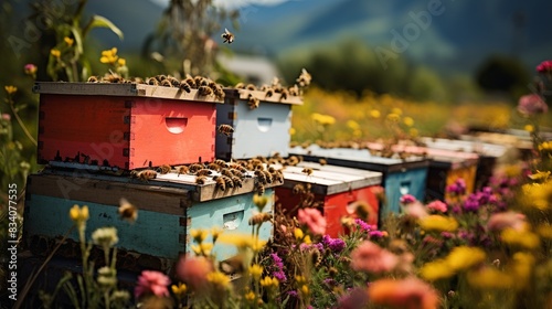 A beekeeping farm with colorful hives and bees buzzing around flowers   photo