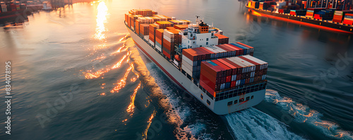 Cargo ship sailing at sunset in a calm sea
