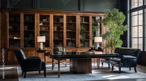A boutique law firm office with classic furniture, bookshelves, and a meeting room  photo