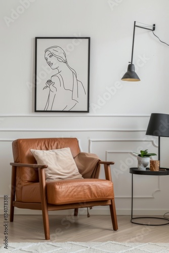 Picture frame with line art on a living room coffee table