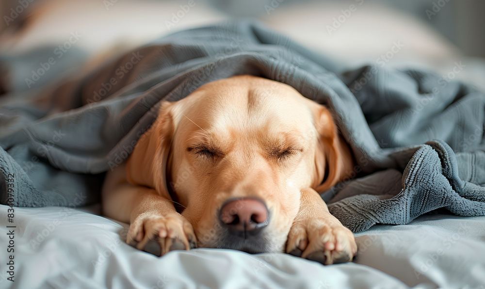 a dog sleeping on a bed with a blanket