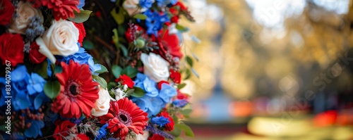 Wreath of red  blue  and white flowers in a garden setting with blurred background