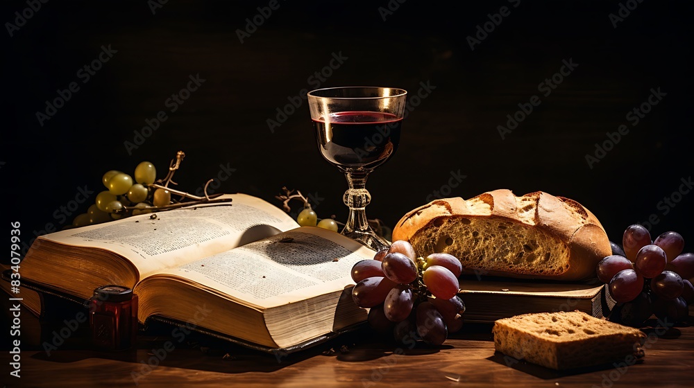 Fototapeta premium Communion elements of bread and wine on a rustic wooden table with an open Bible