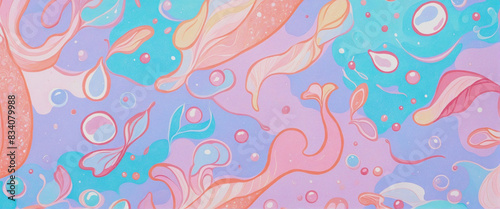 Abstract Neon Mermaid Scale Pattern Wallpaper in Pastel Pink and Blue