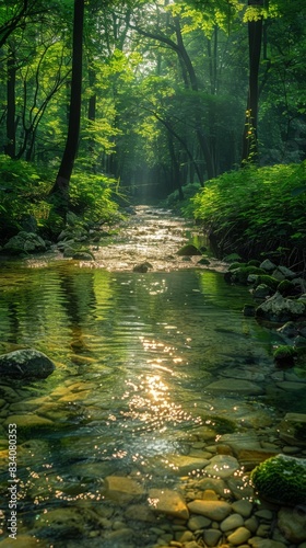 Serene forest stream with sunlight filtering through the trees. Nature and tranquility concept for environmental conservation and natural beauty.