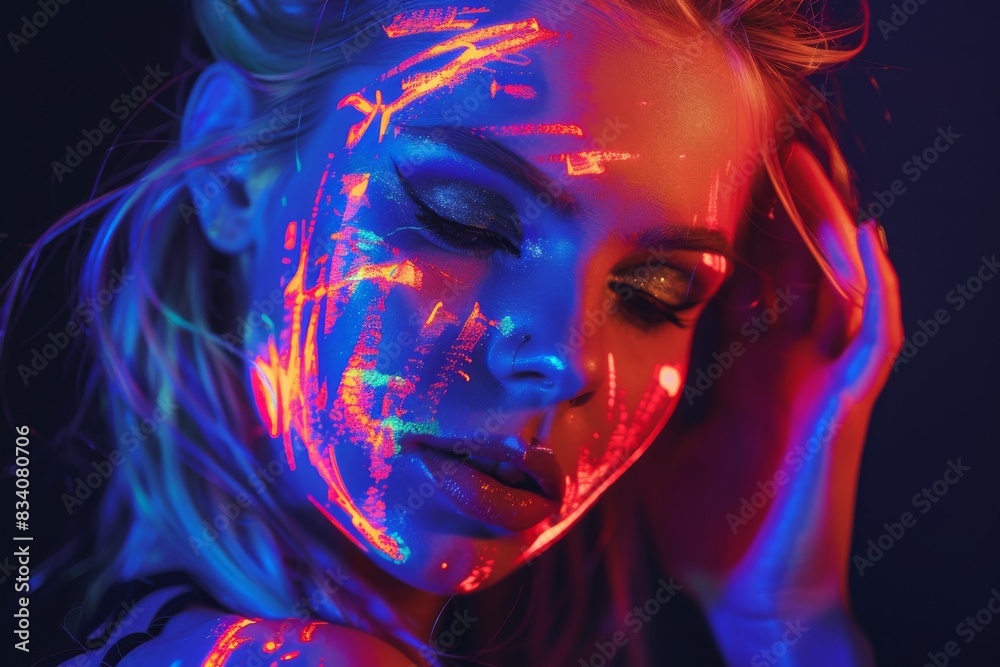 Women with ethnic patterns and neon makeup posing in ultraviolet light. Body Art design of women posing in UV, painted face and hand, colourful makeup.