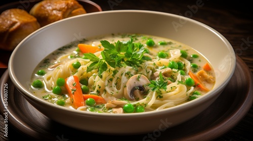 A bowl of comforting chicken noodle soup with chunks of tender chicken and vegetables 