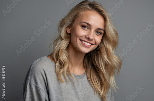 happy portrait of a woman isolated grey background in the studio