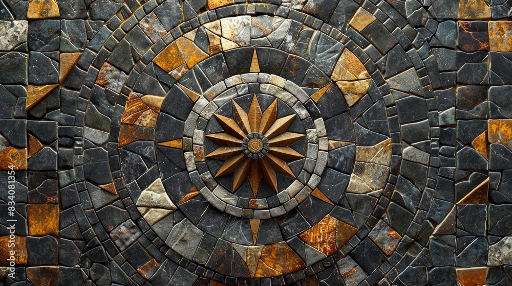 Fototapeta premium Stunning 3D render of mosaic tile art, showcasing a mosaic masterpiece with geometric shapes and intricate designs, each tile carefully crafted to create a harmonious and visually appealing pattern,