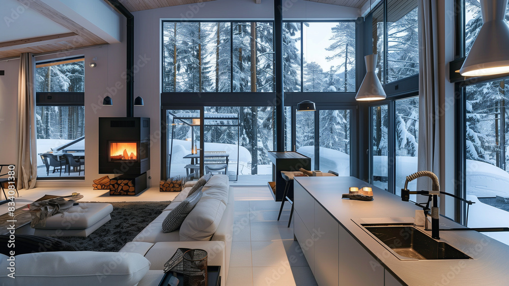 Winter Wonderland: Modern White Living Room with Snow View Winter Wonderland: Modern White Living Room with Snow View