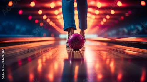 A bowler releasing the ball down the lane with precision and finesse, with pins scattering in the background and anticipation in the air, captured mid-throw.   photo