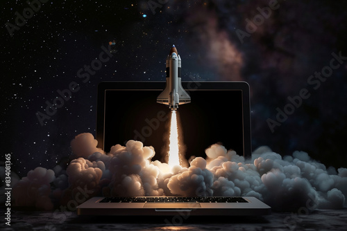Space rocket shuttle with a cloud of smoke and blast takes off from a laptop