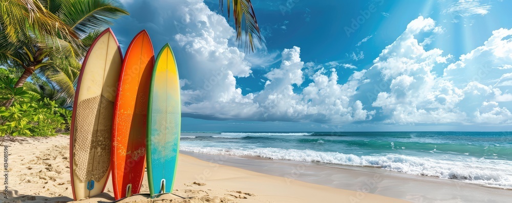colored surfboards standing on a sandy beach against a serene blue ocean backdrop. copy space for text.