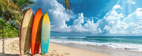 Obraz na płótnie colored surfboards standing on a sandy beach against a serene blue ocean backdrop. copy space for text. w salonie