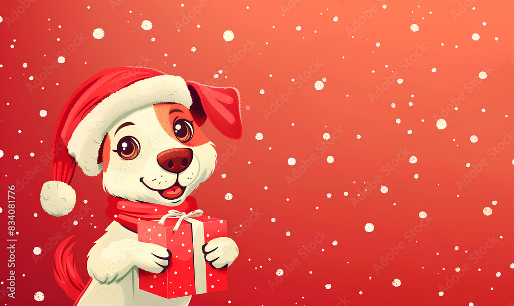 Smiling dog holding a gift on teal background
Smiling dog holding a gift on teal background