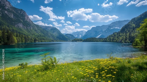 Serene Lake with Majestic Mountain Scenery, Generative AI.