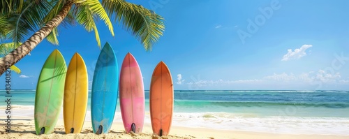 colored surfboards standing on a sandy beach against a serene blue ocean backdrop. copy space for text.