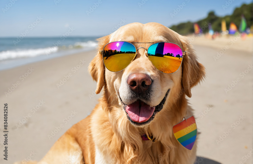 A golden retriever Labrador is wearing multi-coloured sunglasses and a rainbow bandana. It is standing on a beach with a blue sky and sandy background.  Pride month celebration with pets rainbow flags