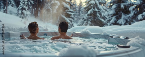 Two people enjoy a hot tub experience with a scenic snowy landscape as the backdrop during sunset.