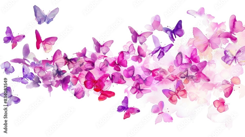 Pink And Purple Watercolor. Swarm of Butterflies in Watercolor Painting on White Background