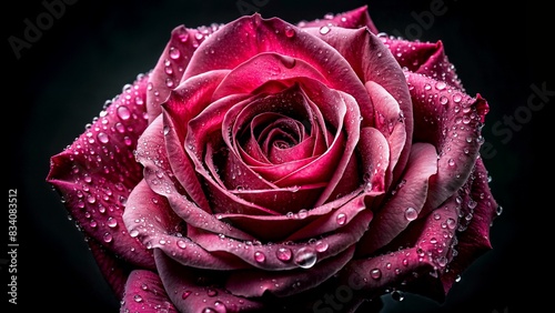 A dark pink rose with water droplets on its petals with black background - Generative AI 