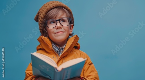 Little Boy in Yellow Jacket Reading Book