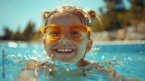 Young Girl Wearing Yellow Sunglasses in Swimming Pool