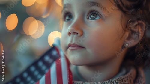 Close-up of a child holding an American flag with blurred lights in the background
