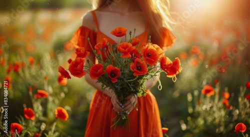 Woman Standing in Field of Red Flowers