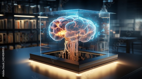 A brain with digital implants and holographic displays projecting from it   photo